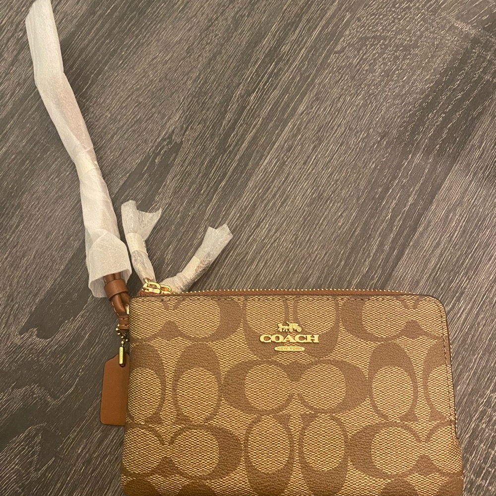New In Bag COACH Signature PVC Double Corner Zip IM/Khaki Redwood